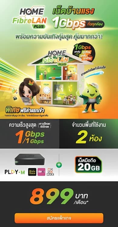 HOME FibreLAN PLUS 2 ห้อง - เน็ตบ้าน 1 Gbps ครอบคลุม 2 ห้อง