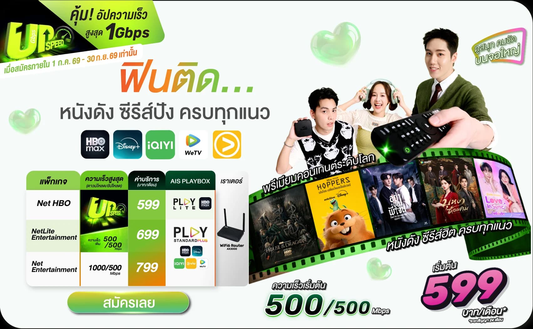 ตารางแพ็กเกจ Hub of Entertainment: Net HBO 599 บาท และ NetLite Entertainment 699 บาท ที่ความเร็วเดิม 500/500 Mbps ได้อัปสปีดเป็น 1 Gbps ส่วน Net Entertainment 799 บาท เป็น 1000/500 Mbps อยู่แล้ว ดู HBO Max, Disney+, iQIYI, WeTV และ viu พร้อม WiFi6 Router AX3000